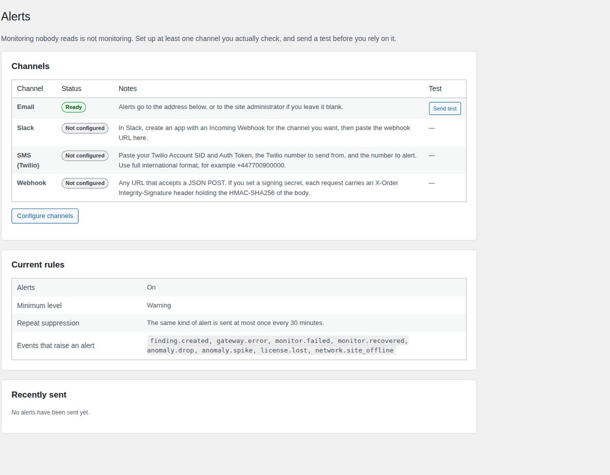 Alert routing settings for Slack, SMS, webhook and email.