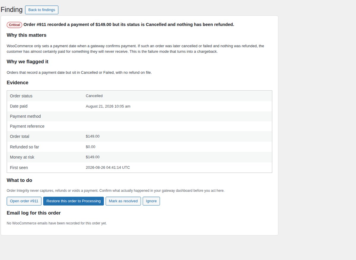 A single Order Integrity finding showing the order, the evidence and what to check next.