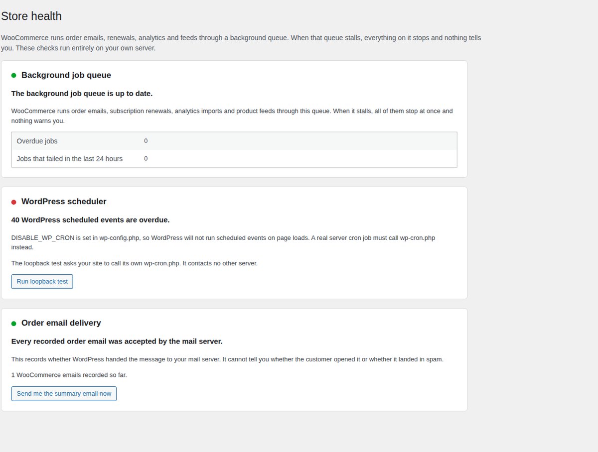 The Order Integrity store health screen showing queue, scheduler and email delivery status.