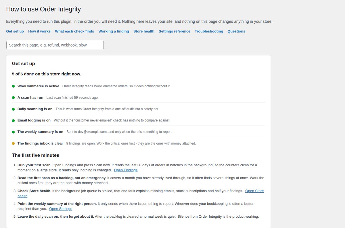 The setup guide and FAQ built into the plugin admin.