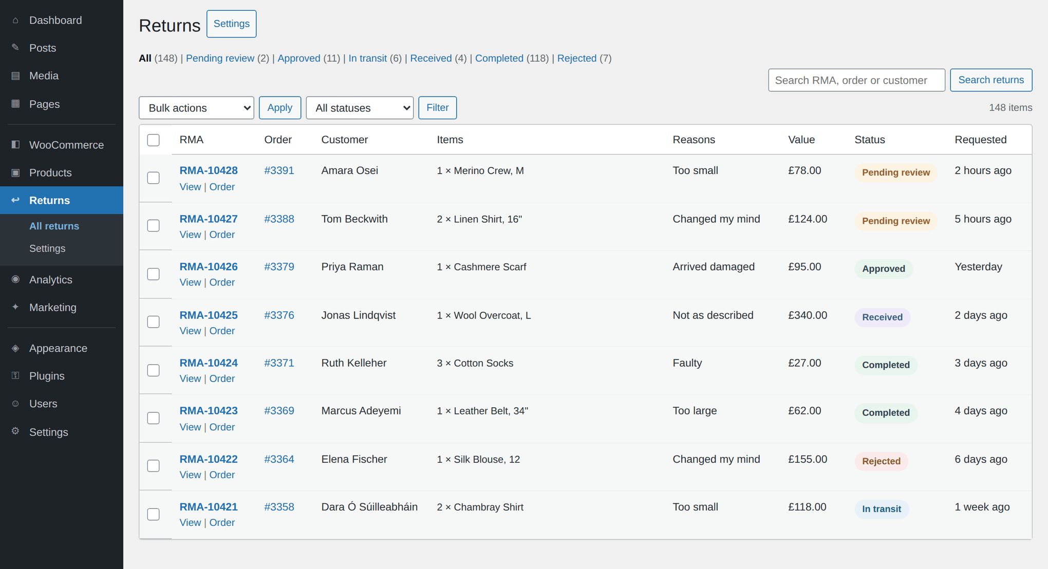 The Recirco returns queue in WordPress admin, showing eight requests with status badges