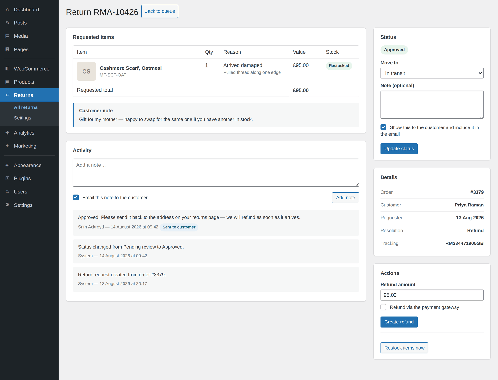 A single return in WordPress admin with items, activity log, status form and refund actions