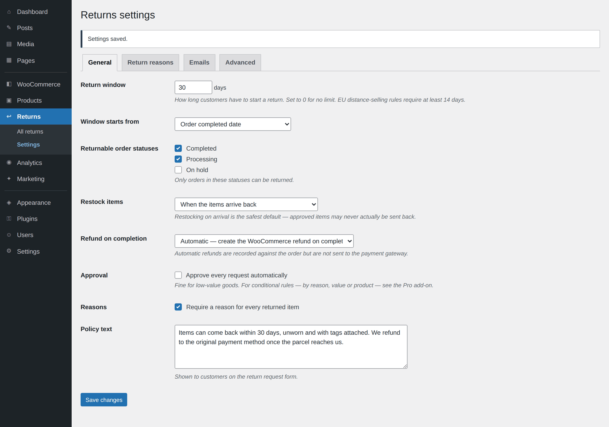 The Recirco returns settings screen showing the return window and restock options