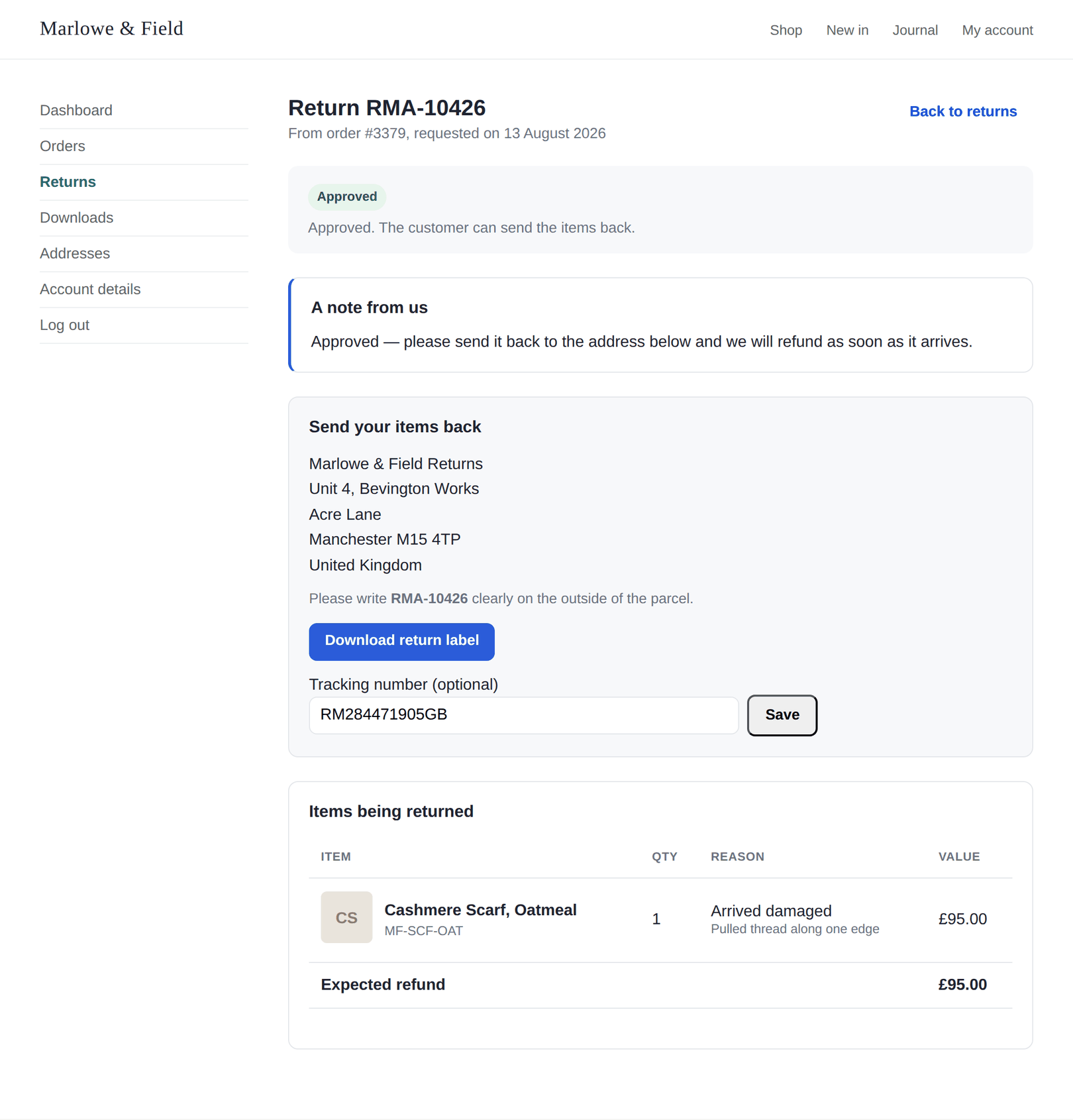 An approved return in the customer portal showing the return address and tracking field