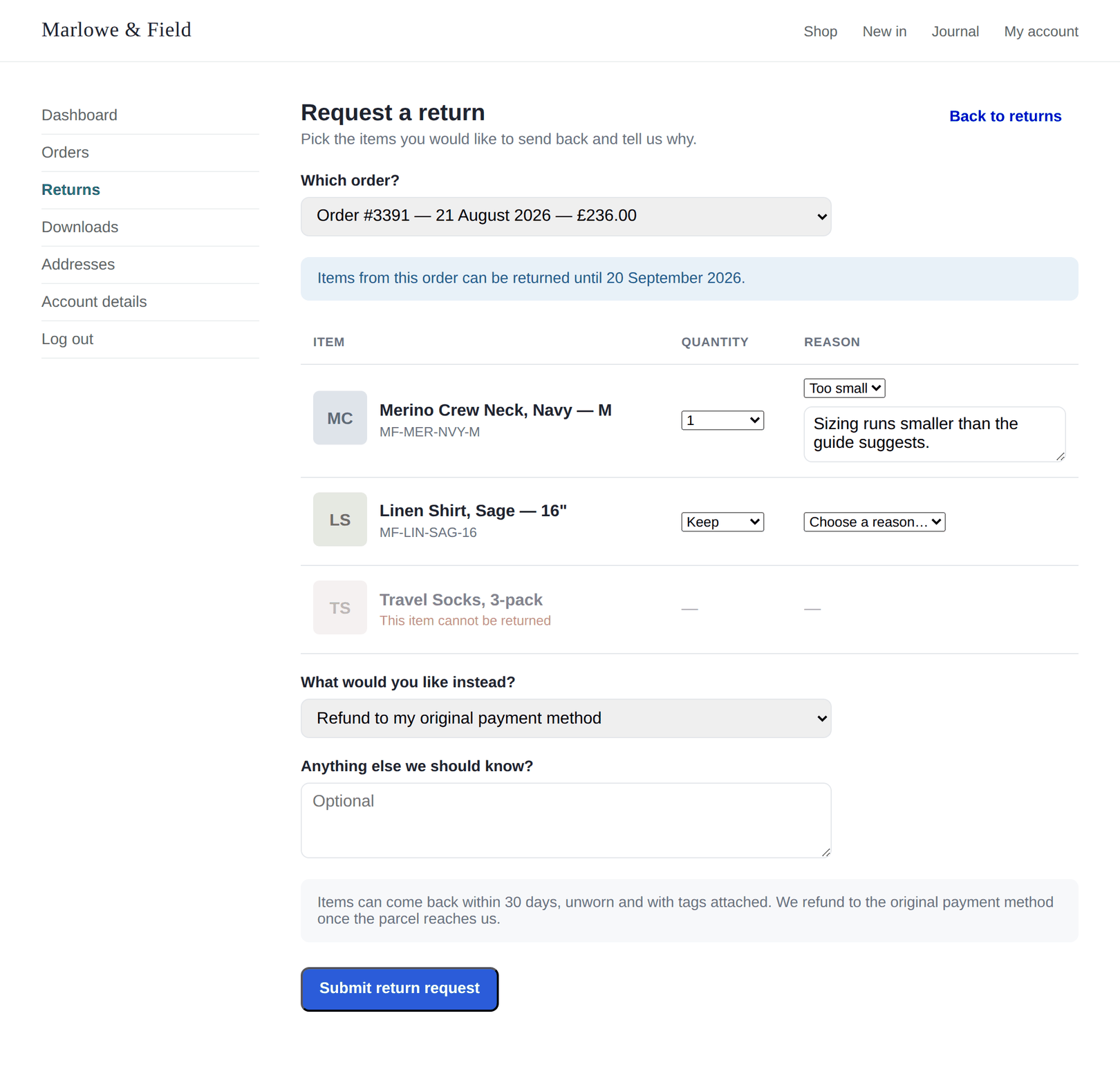 The customer return request form with items, quantities and reasons