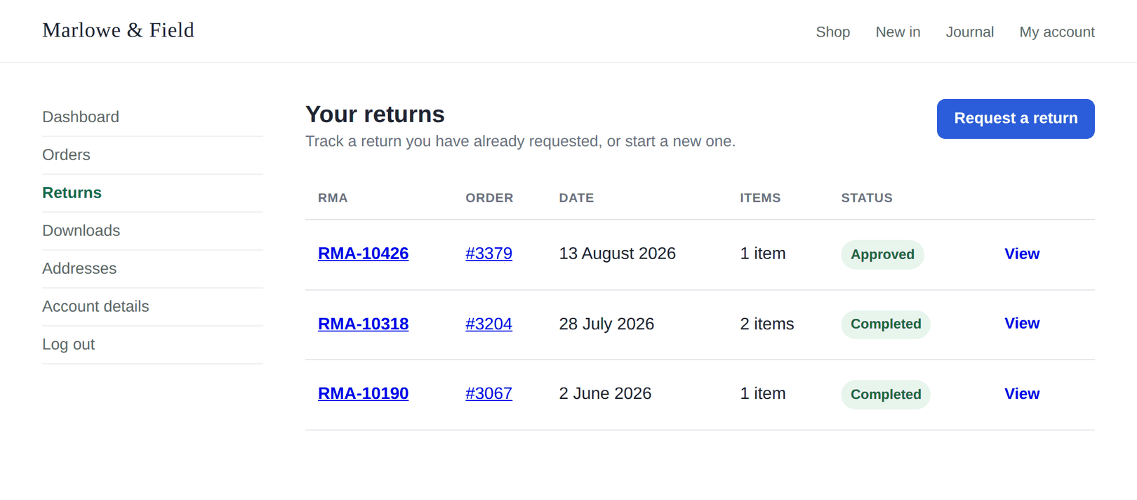 The customer Returns tab in My Account listing three past requests