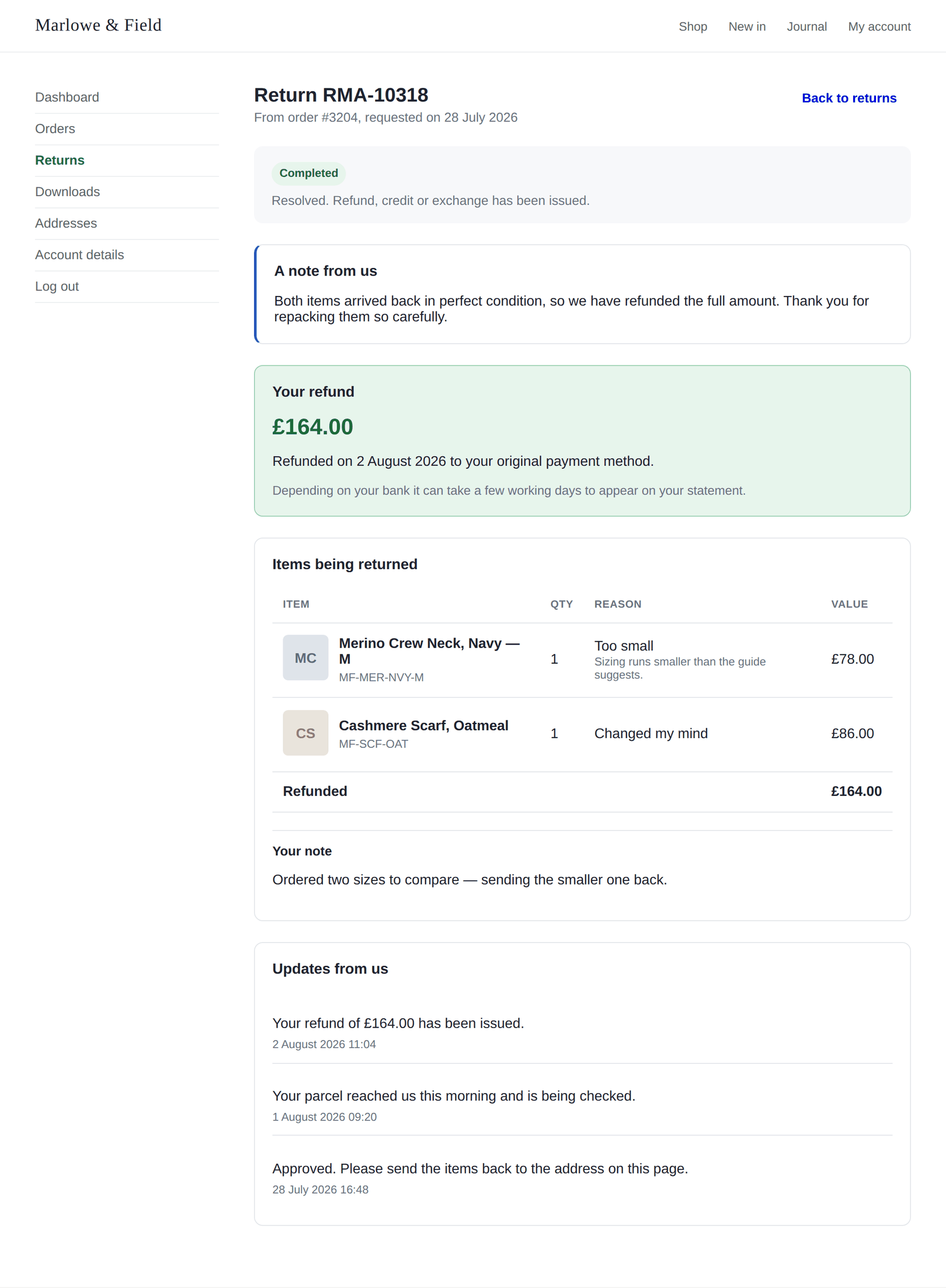 A completed return in the customer portal showing the refunded amount and date