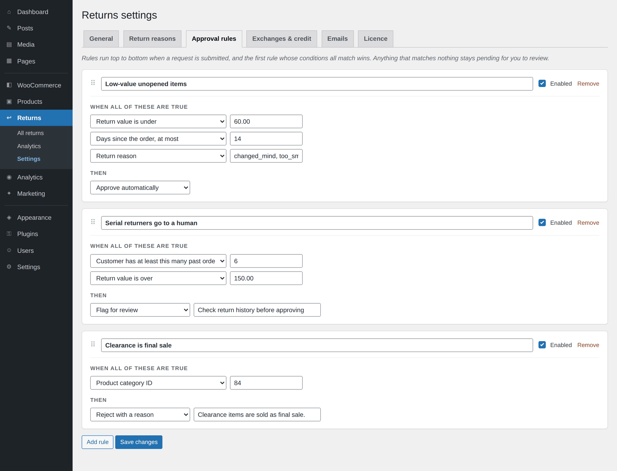 The Pro approval rules screen with three conditional rules